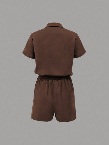 Flap Pocket Drawstring Waist Shirt Romper