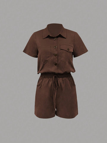 Flap Pocket Drawstring Waist Shirt Romper