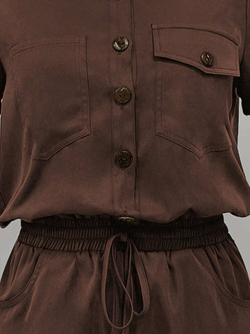 Flap Pocket Drawstring Waist Shirt Romper