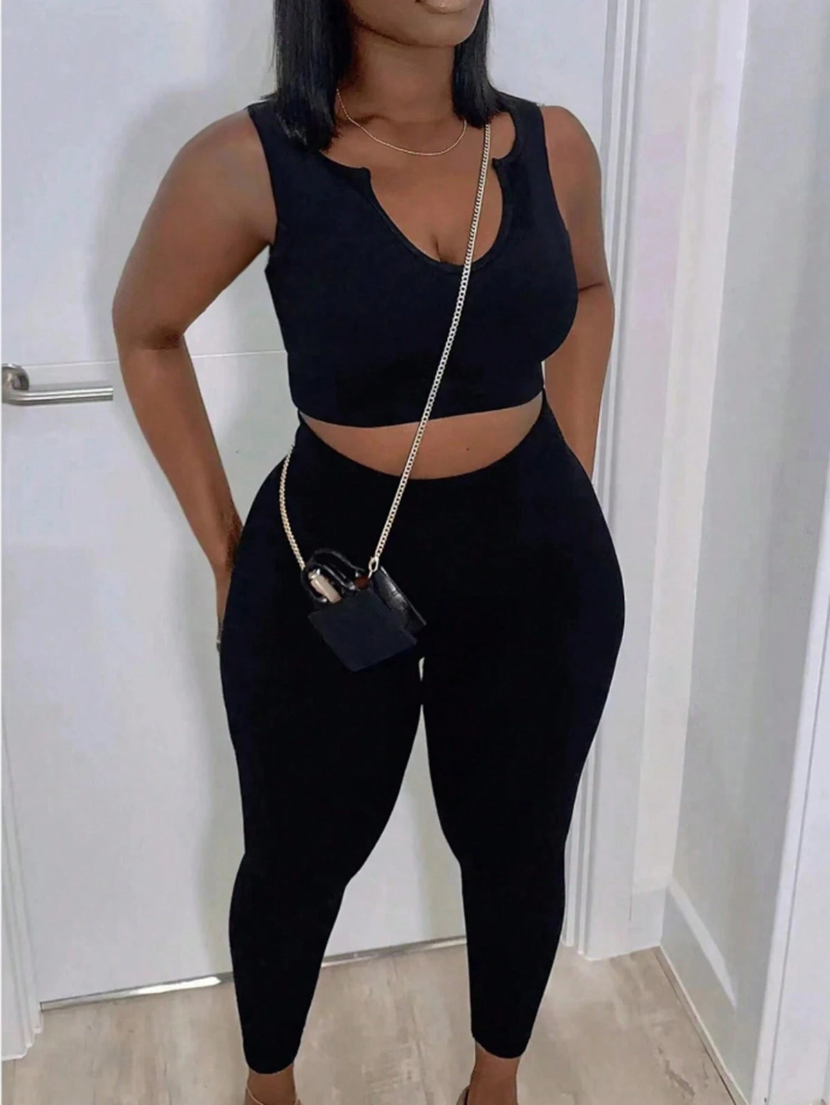 Women Solid Color Sleeveless Round Neck Top And Pants, 2pcsset For Summer