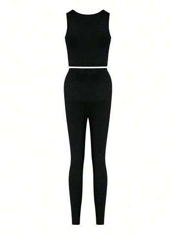 Women Solid Color Sleeveless Round Neck Top And Pants, 2pcsset For Summer