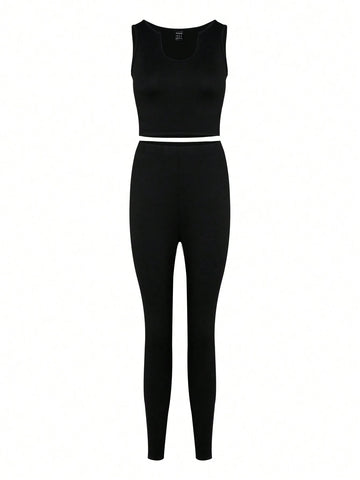 Women Solid Color Sleeveless Round Neck Top And Pants, 2pcsset For Summer