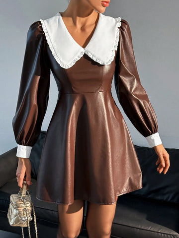 Women Solid Color Splice Long Sleeve Casual Loose Short Dress