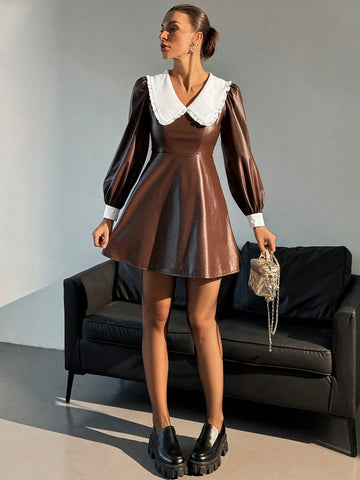 Women Solid Color Splice Long Sleeve Casual Loose Short Dress