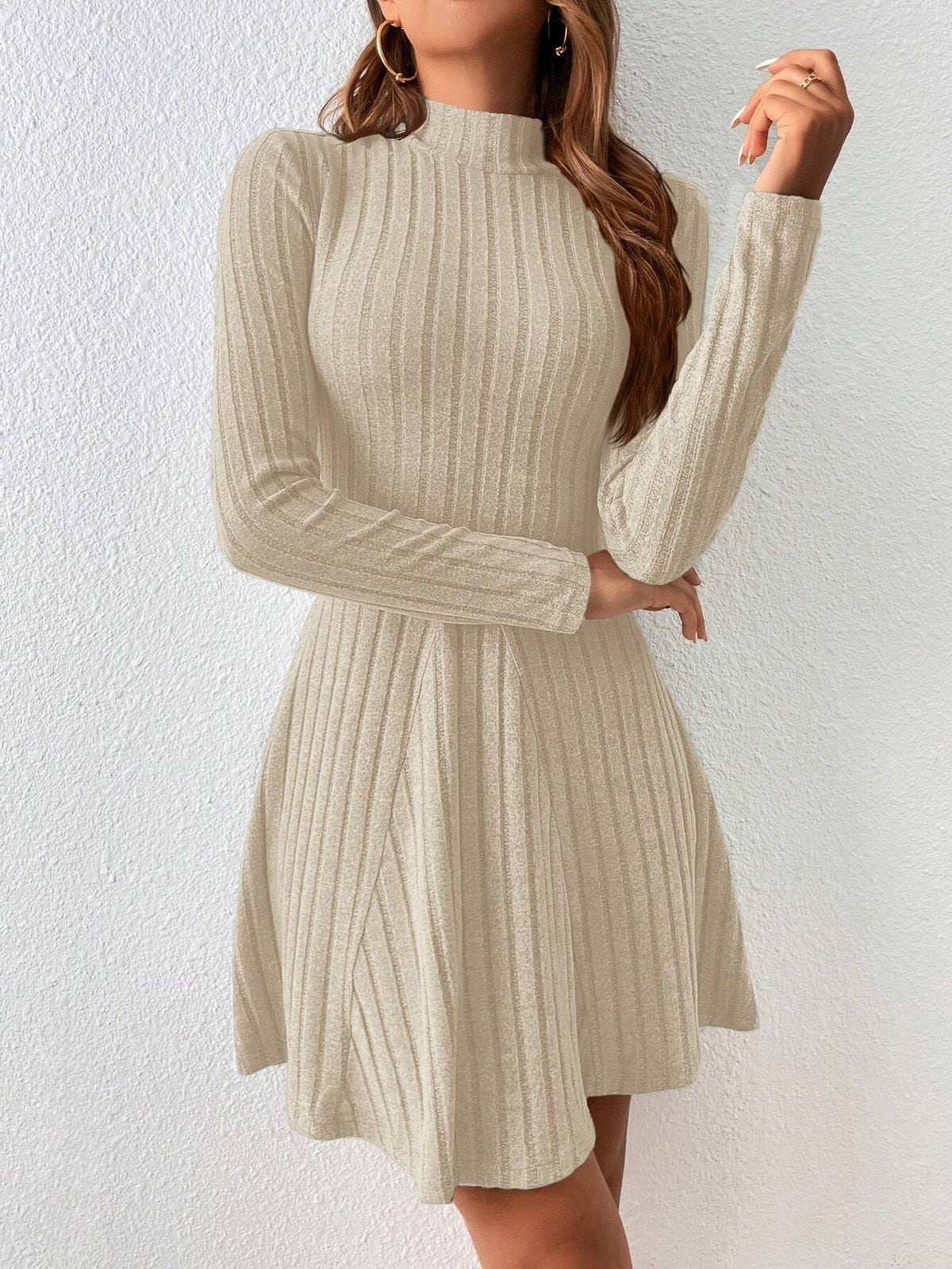 Women Solid Color Stand Collar Long Sleeve Casual Short Dress