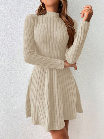 Women Solid Color Stand Collar Long Sleeve Casual Short Dress