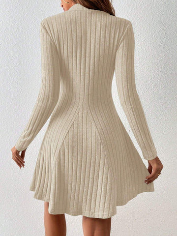 Women Solid Color Stand Collar Long Sleeve Casual Short Dress