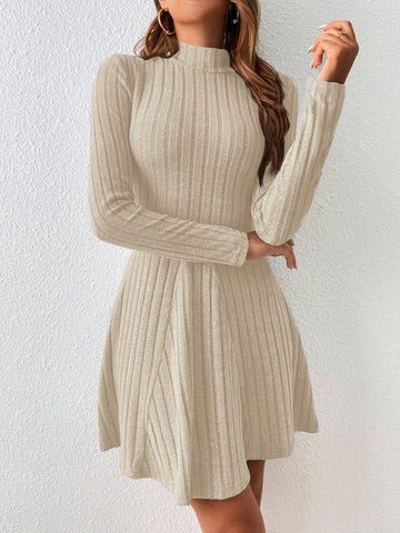 Women Solid Color Stand Collar Long Sleeve Casual Short Dress