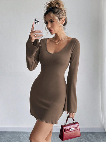 Women Solid Color V-Neck Casual Versatile Knitted Long Sleeve Mini Dress