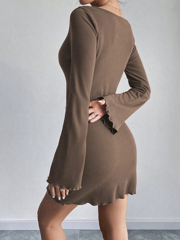 Women Solid Color V-Neck Casual Versatile Knitted Long Sleeve Mini Dress