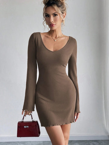 Women Solid Color V-Neck Casual Versatile Knitted Long Sleeve Mini Dress