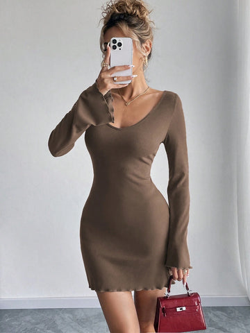Women Solid Color V-Neck Casual Versatile Knitted Long Sleeve Mini Dress
