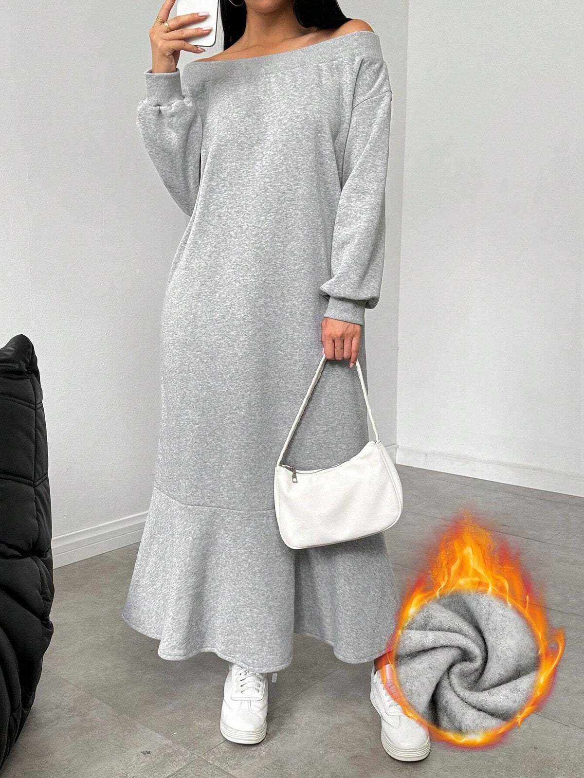 Women Solid Color Warm Off Shoulder Fuzzy Dress