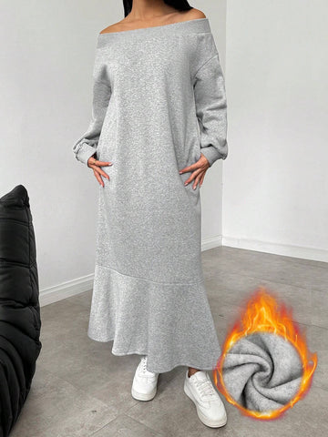 Women Solid Color Warm Off Shoulder Fuzzy Dress