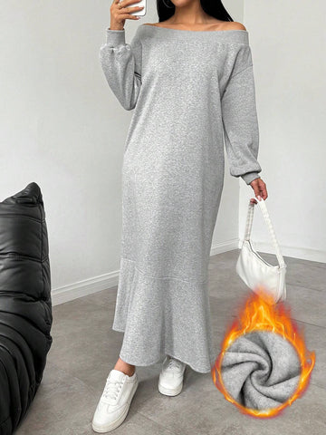 Women Solid Color Warm Off Shoulder Fuzzy Dress