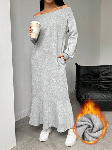 Women Solid Color Warm Off Shoulder Fuzzy Dress