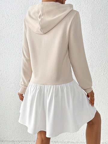 Women Spring/Autumn Casual Contrast Color Patchwork Hooded Dress