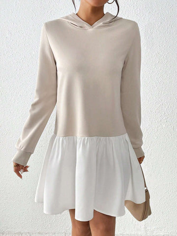 Women Spring/Autumn Casual Contrast Color Patchwork Hooded Dress