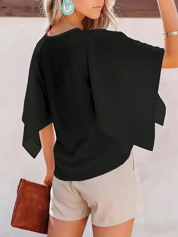 Essnce Women Spring/Summer Solid Color V-Neck Flare Sleeve Loose Fit Shirt