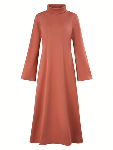 Women Spring Solid Color High Collar Bell Sleeve Dress