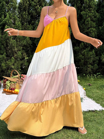 Women Striped Color-Blocked Wide Loose Beach Vacation Style Sleeveless Dress