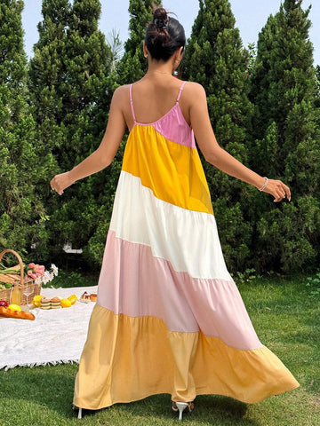 Women Striped Color-Blocked Wide Loose Beach Vacation Style Sleeveless Dress