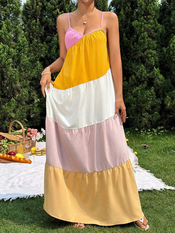Women Striped Color-Blocked Wide Loose Beach Vacation Style Sleeveless Dress