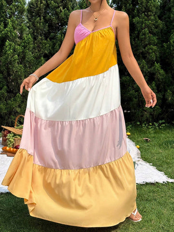 Women Striped Color-Blocked Wide Loose Beach Vacation Style Sleeveless Dress