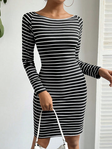 Women Striped Dress With Cross Strap, Open Back, Perfect For Valentine's Day Date