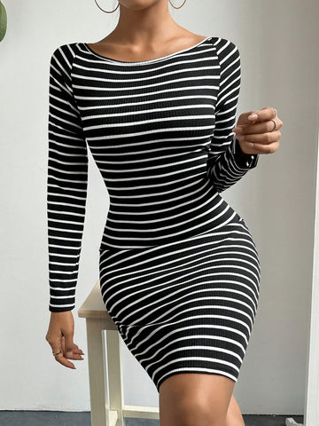 Women Striped Dress With Cross Strap, Open Back, Perfect For Valentine's Day Date