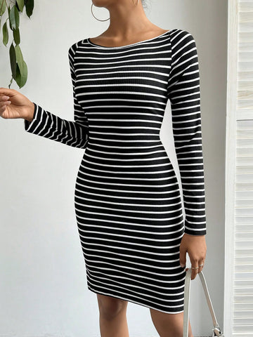 Women Striped Dress With Cross Strap, Open Back, Perfect For Valentine's Day Date