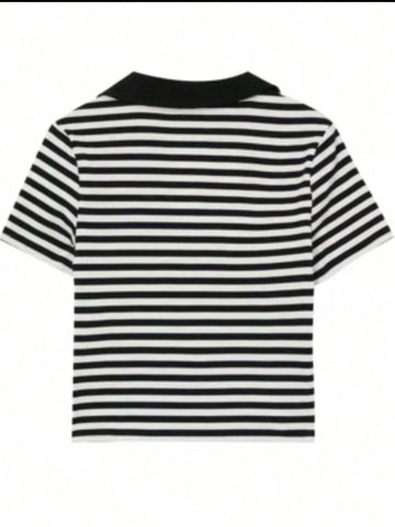 Essnce Women Striped Print Polo Collar Short Sleeve T-Shirt