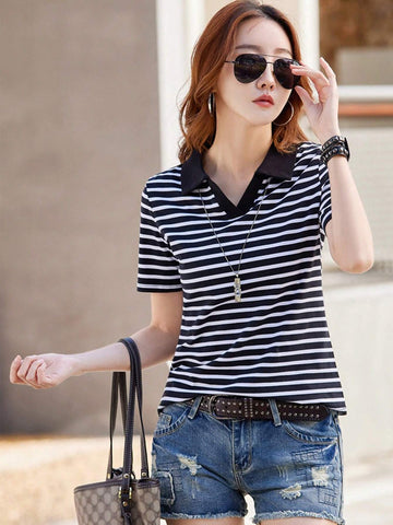 Essnce Women Striped Print Polo Collar Short Sleeve T-Shirt