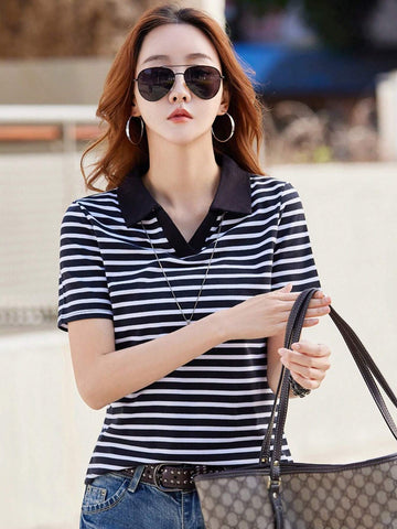 Essnce Women Striped Print Polo Collar Short Sleeve T-Shirt