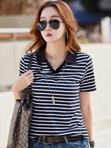 Essnce Women Striped Print Polo Collar Short Sleeve T-Shirt