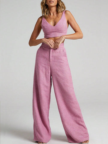 Women Summer 2-Piece Set - Short Pink Top And Wide-Leg Pants