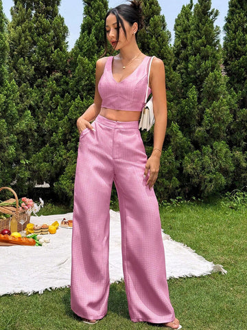 Women Summer 2-Piece Set - Short Pink Top And Wide-Leg Pants