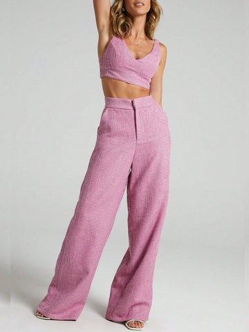 Women Summer 2-Piece Set - Short Pink Top And Wide-Leg Pants