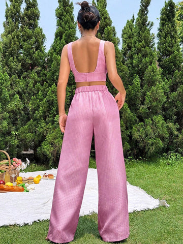 Women Summer 2-Piece Set - Short Pink Top And Wide-Leg Pants