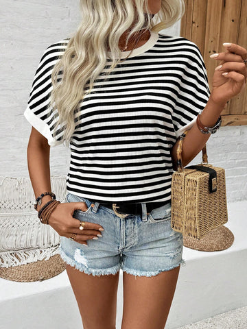 Essnce Women Summer Backless Round Neck Striped Batwing Sleeve T-Shirt