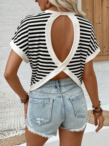 Essnce Women Summer Backless Round Neck Striped Batwing Sleeve T-Shirt