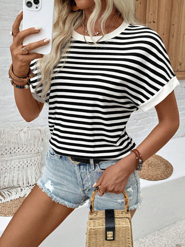 Essnce Women Summer Backless Round Neck Striped Batwing Sleeve T-Shirt