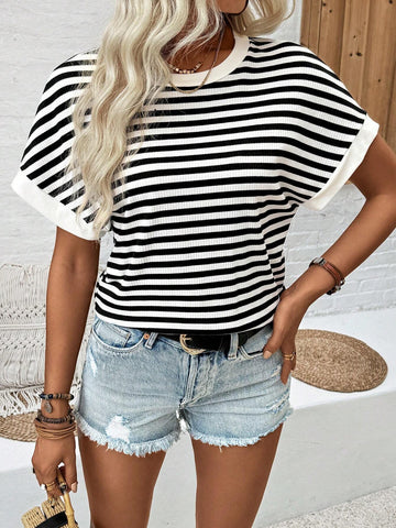 Essnce Women Summer Backless Round Neck Striped Batwing Sleeve T-Shirt