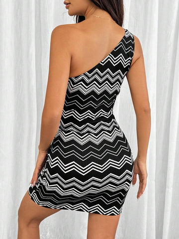 Women Summer Casual Black And White Striped Wave Pleated Slim Fit Mini Dress
