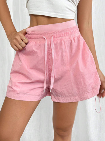 Essnce Women Summer Casual Outdoor Sport Drawstring Elastic Waistband 2 In 1 Anti-UV Loose Shorts With Tie