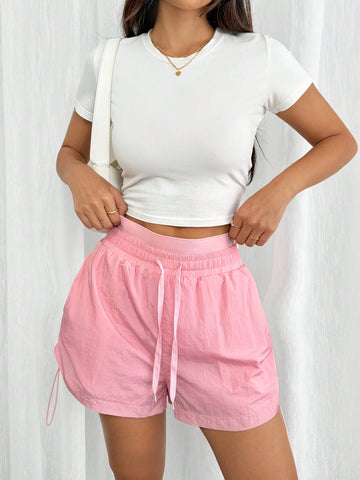 Essnce Women Summer Casual Outdoor Sport Drawstring Elastic Waistband 2 In 1 Anti-UV Loose Shorts With Tie