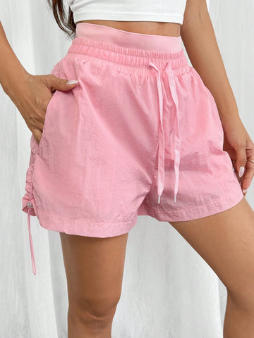 Essnce Women Summer Casual Outdoor Sport Drawstring Elastic Waistband 2 In 1 Anti-UV Loose Shorts With Tie