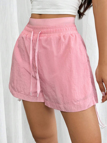 Essnce Women Summer Casual Outdoor Sport Drawstring Elastic Waistband 2 In 1 Anti-UV Loose Shorts With Tie