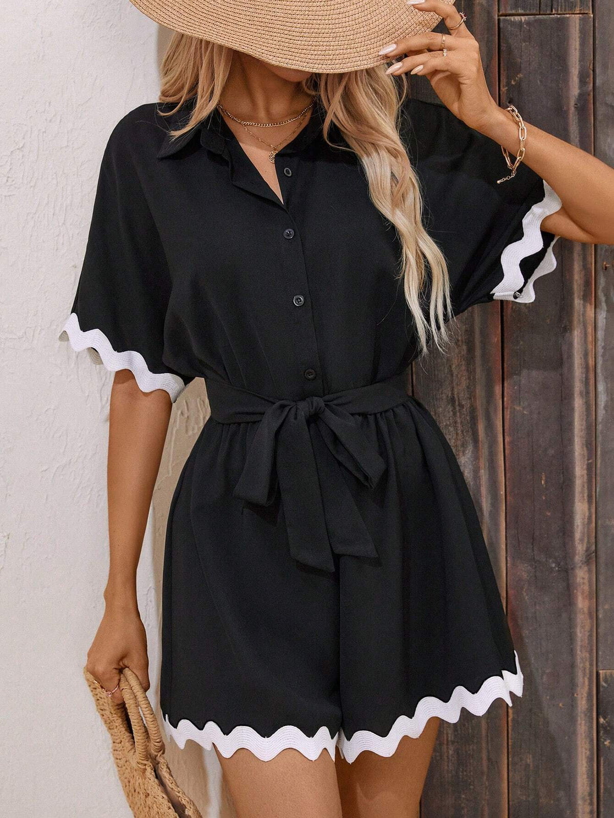 Women Summer Color Block Belted Button-Front Half Placket Jumpsuit