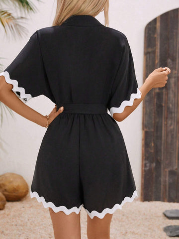 Women Summer Color Block Belted Button-Front Half Placket Jumpsuit